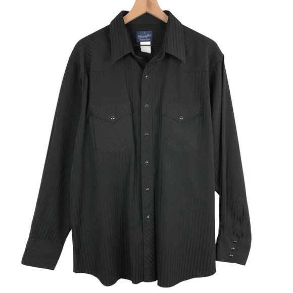 Wrangler Other - VTG WRANGLER Western Snap Shirt Men's Sz XL Black Shiny Shadow Stripe L/S Cowboy
